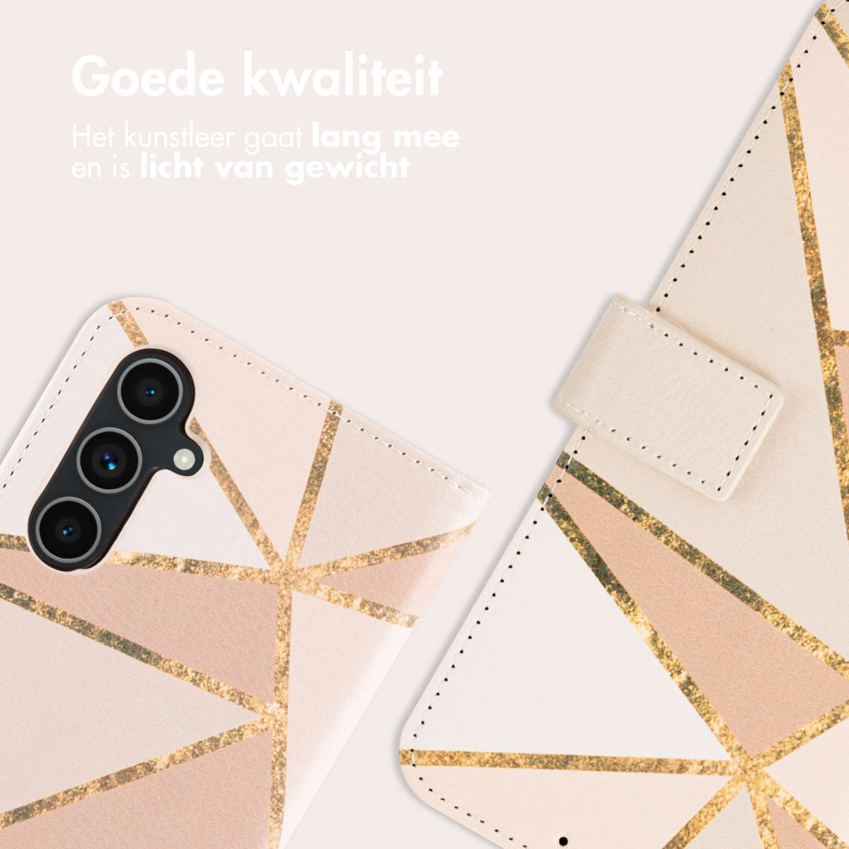 Open telefoonhoes. Een telefoonhoesje in beige, roze en goud. Een witte riem is zichtbaar.