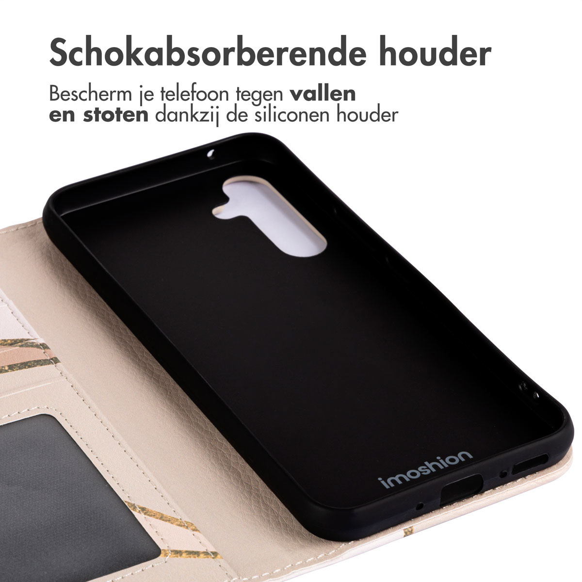 Zwart telefoonhoesje binnen. Een zwarte hoes met telefoon en roze patroon portemonnee.