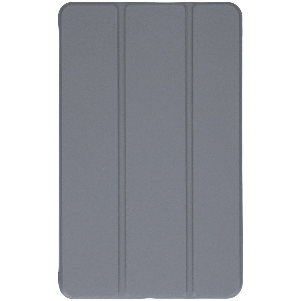 Gesloten grijze tabletcover. Verticale lijnen zichtbaar. De cover is rechthoekig.