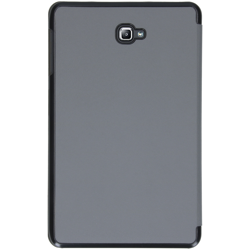 Achterkant van een tablet in een zwarte case. De case is donkergrijs. Camera bovenaan in het midden.