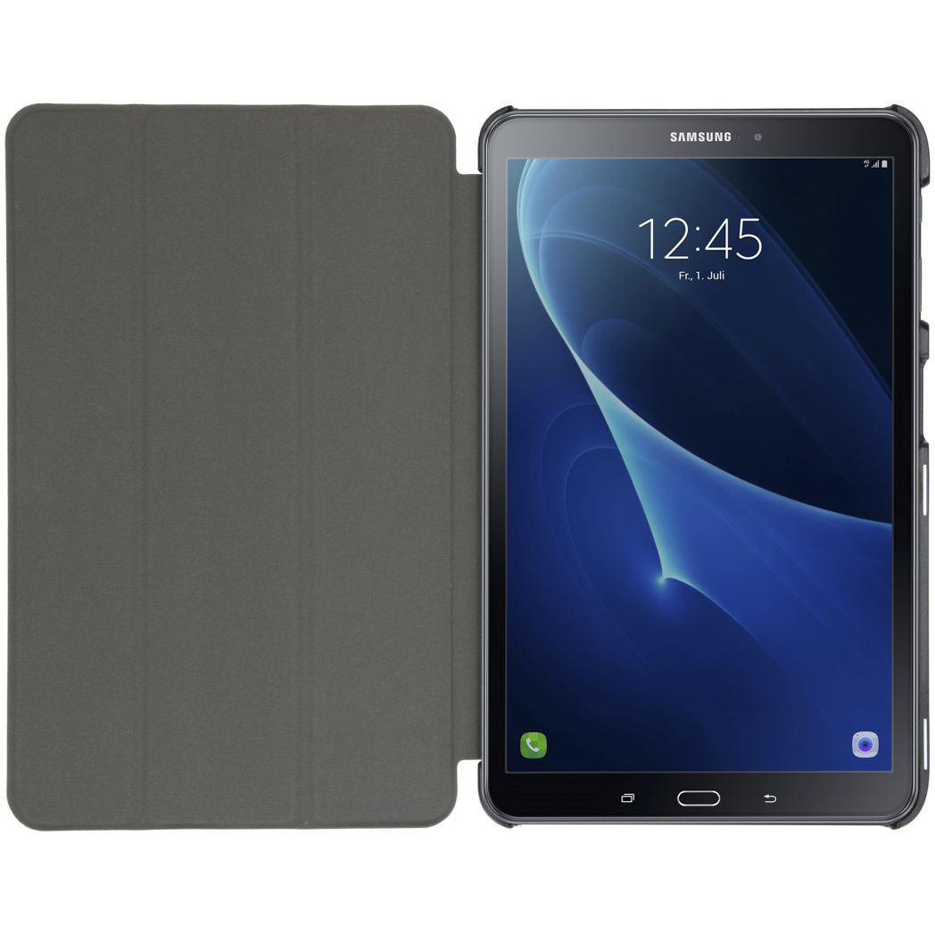 Een zwarte tablet met een hoes. De tablet toont een blauw en wit abstract beeld.