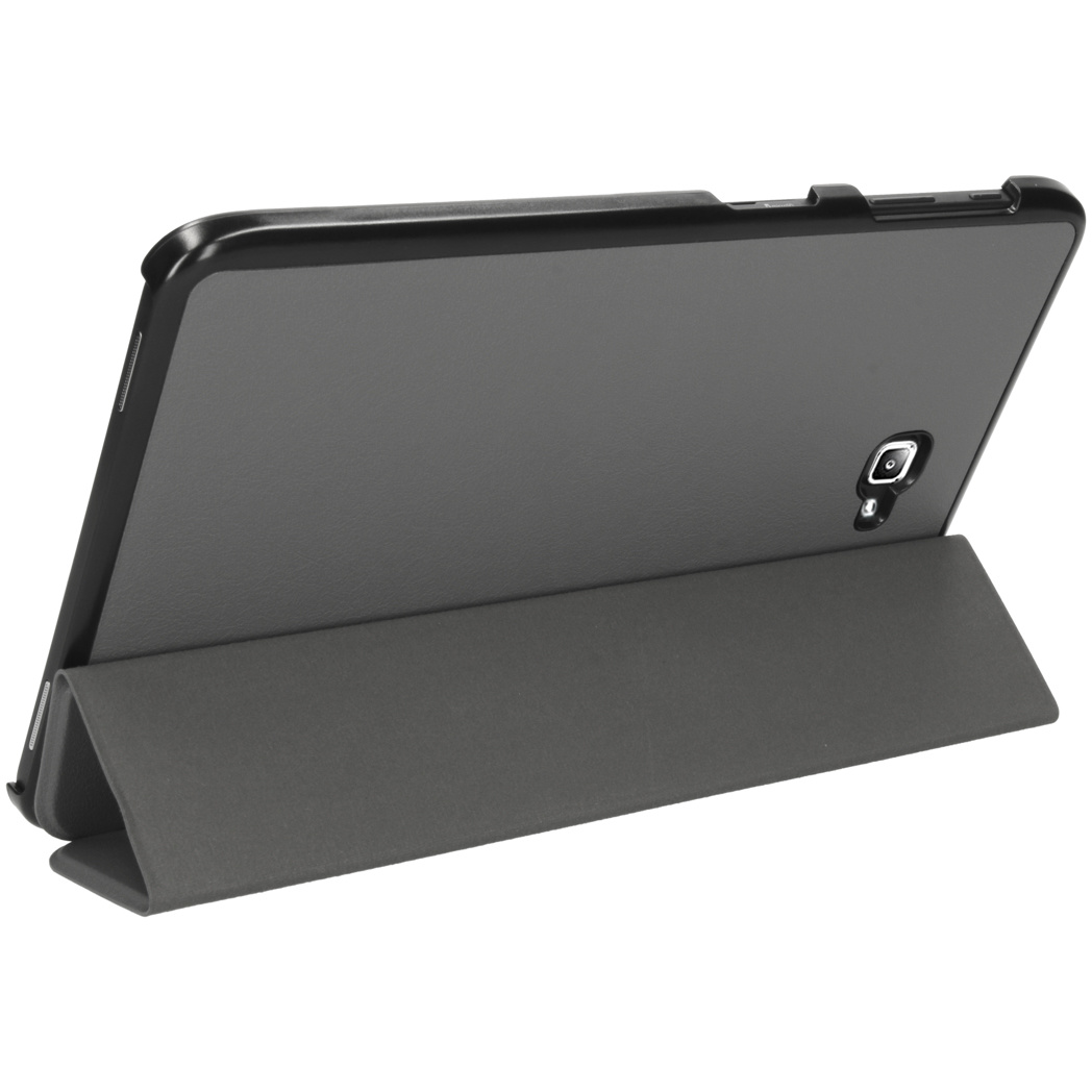 Tablet met donkergrijze case, omhooggeklapt. Achterkant met camera. De cover is grijs.