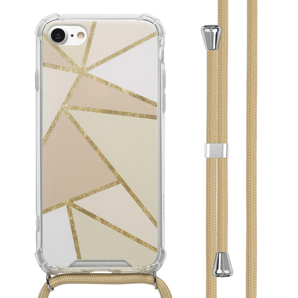 Un téléphone avec une coque à motifs géométriques et une sangle beige. La coque a une bordure transparente.