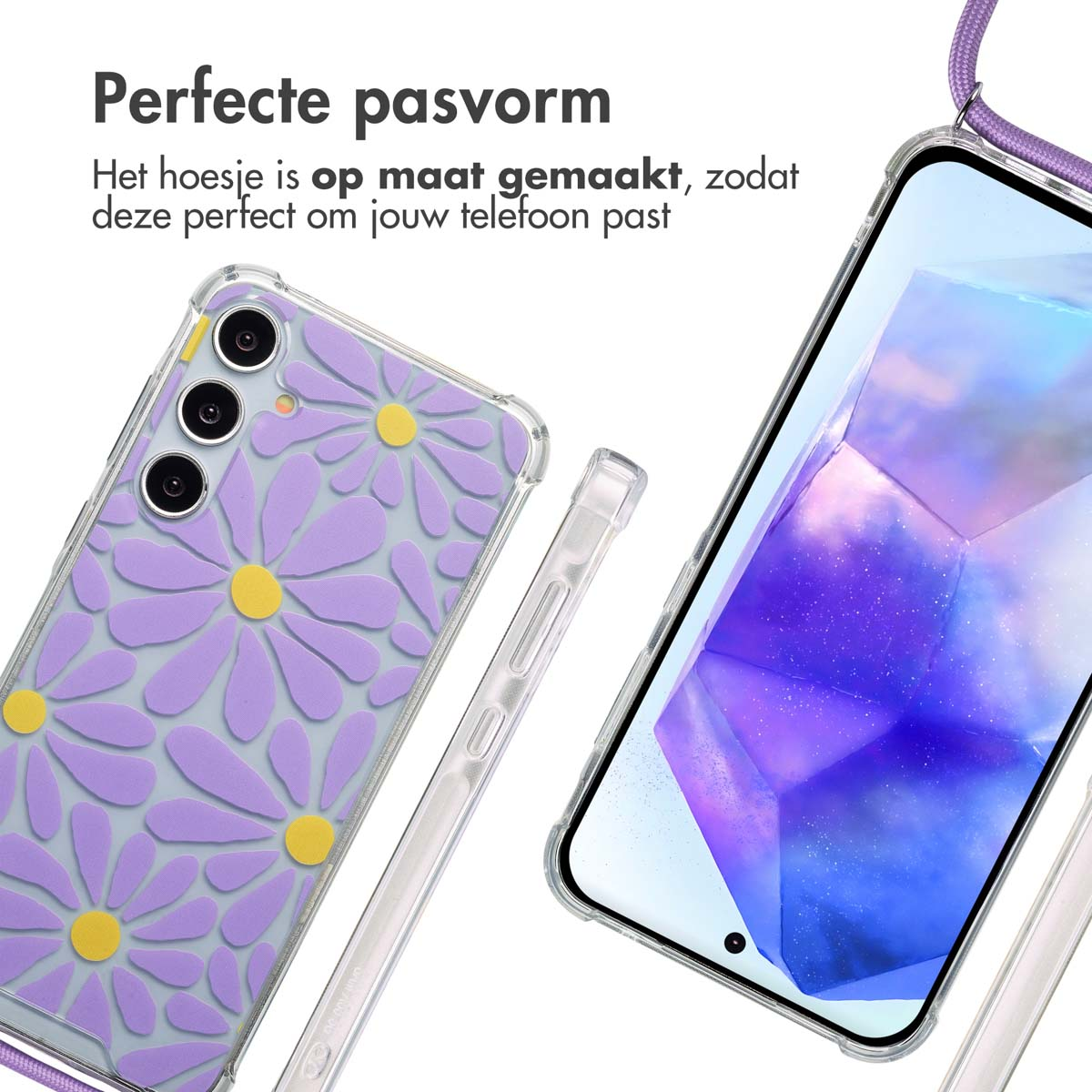 Téléphone avec une coque marguerites et une sangle violette. Le téléphone et la coque sont sur une surface blanche.