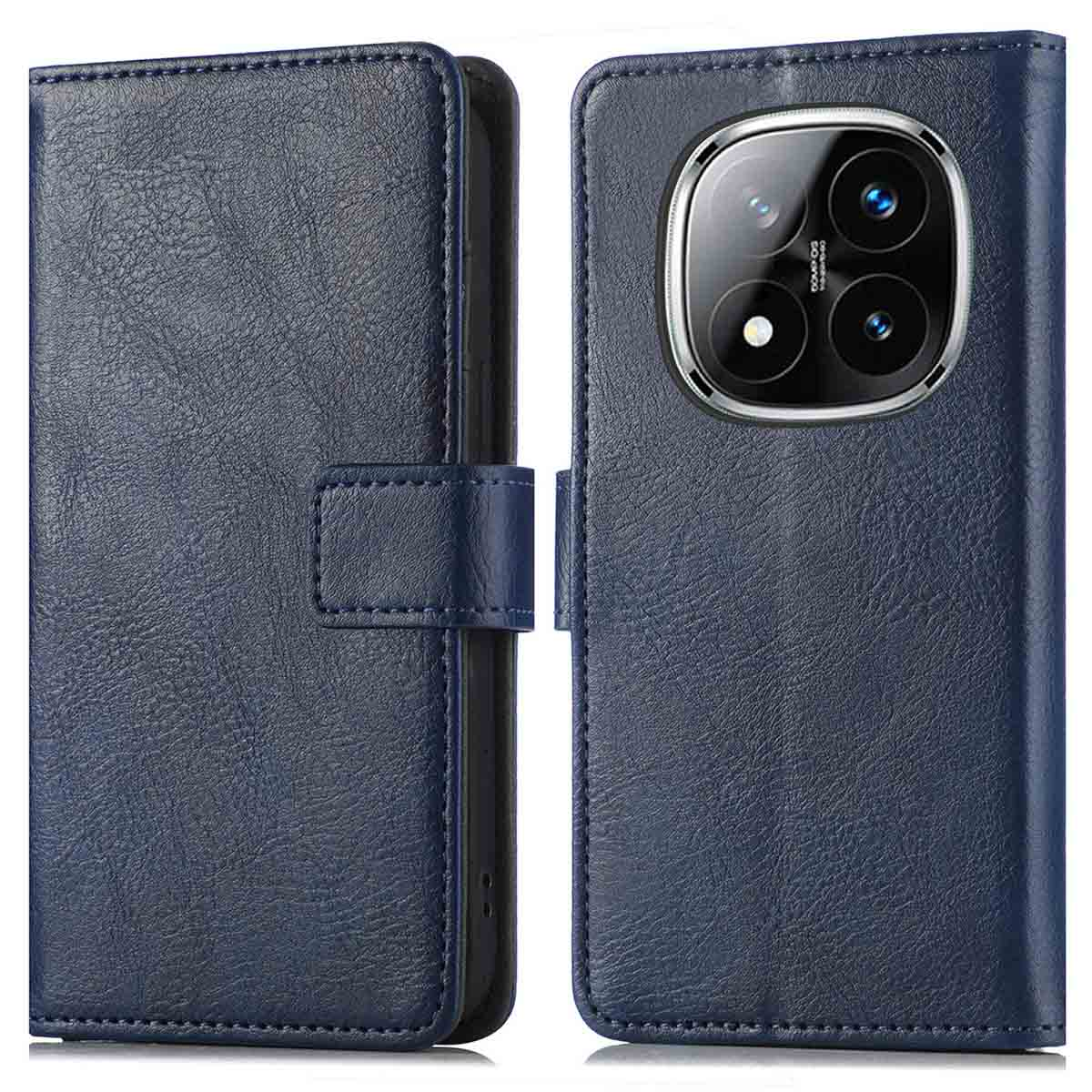 Een marineblauwe leren telefoonhoes met een magnetische sluiting, open. De telefoon is niet zichtbaar.