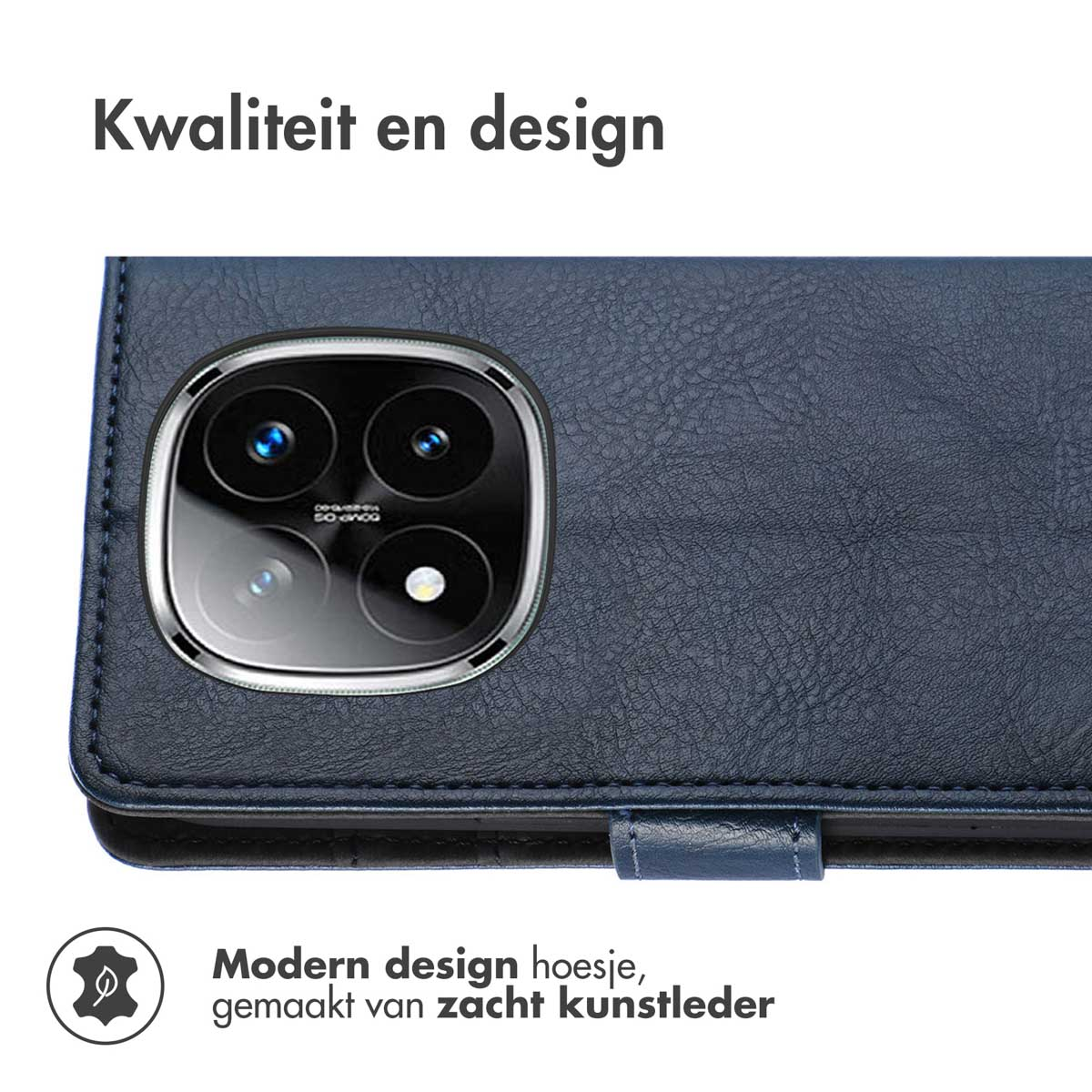 Blauwe leren telefoonhoes met camera-uitsparing. Modern design. Donkerblauwe kleur.