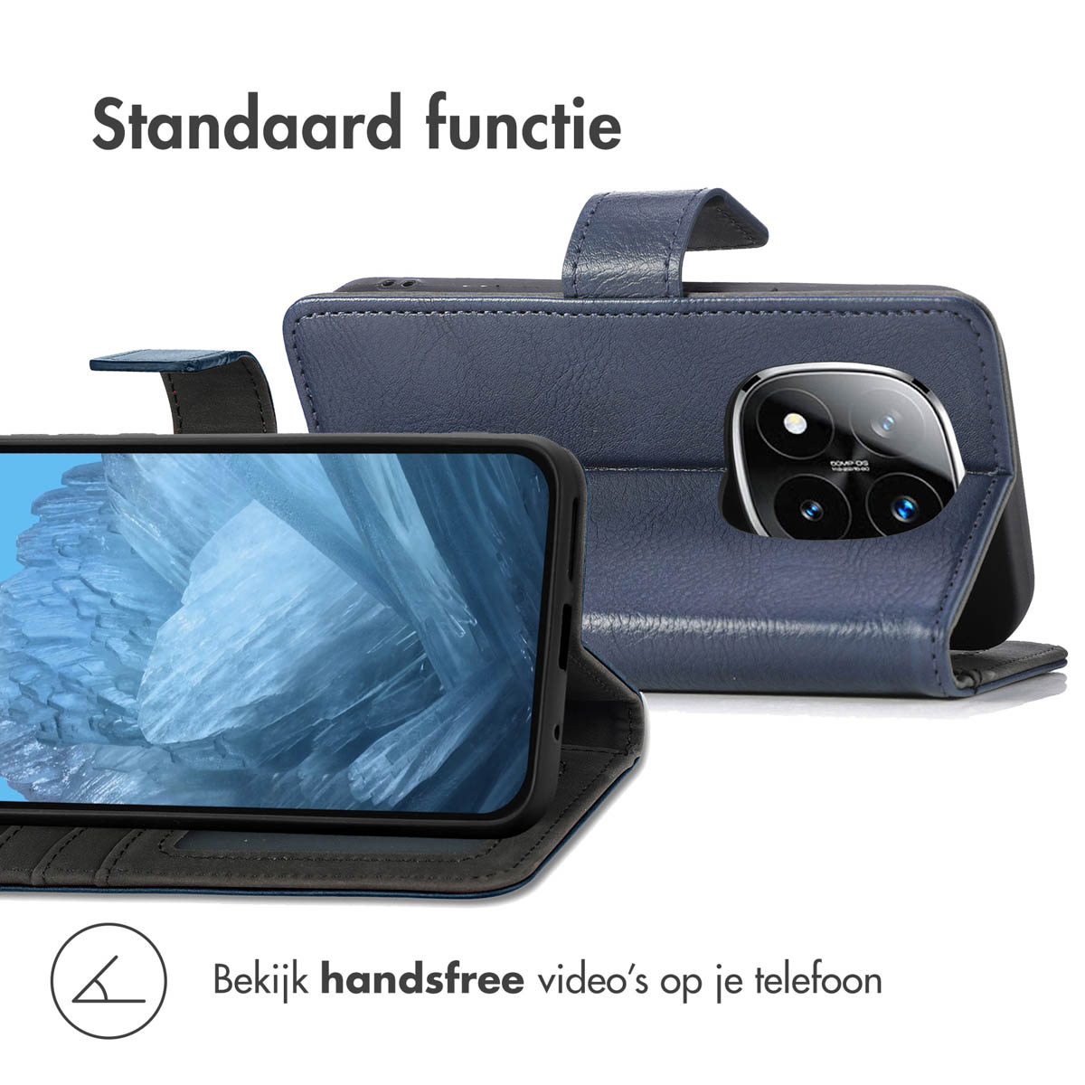 Blauwe telefoonhoes open met een telefoon met een blauwe afbeelding. Witte achtergrond.