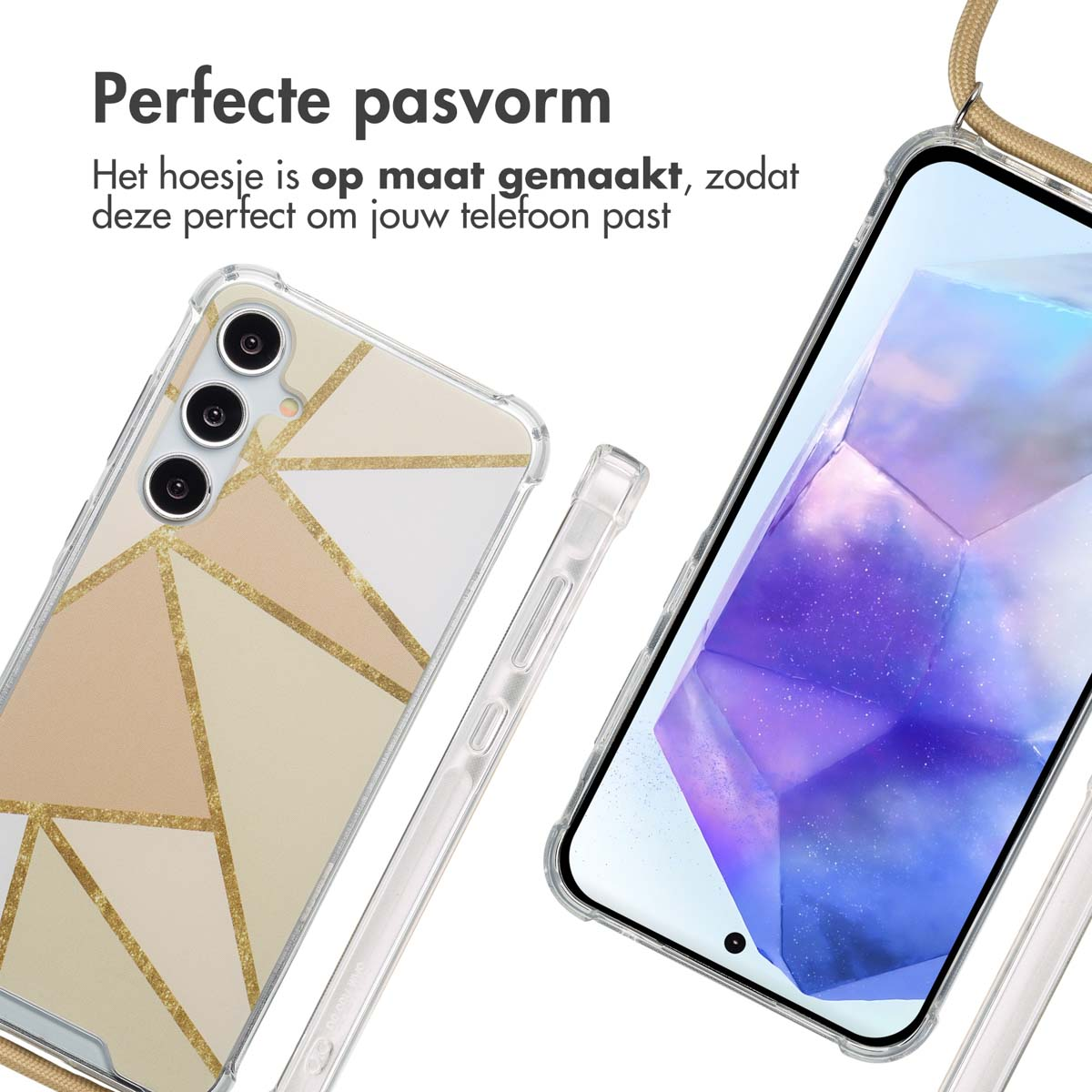 Coque avec design géométrique. Beige, blanc et or. Côté protecteur transparent et téléphone.