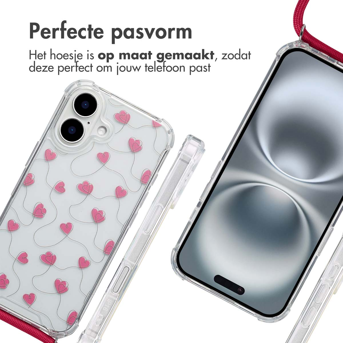 Telefoonhoesje met hartenontwerp. Roze harten op transparant. Transparante zijkanten en rood koord.