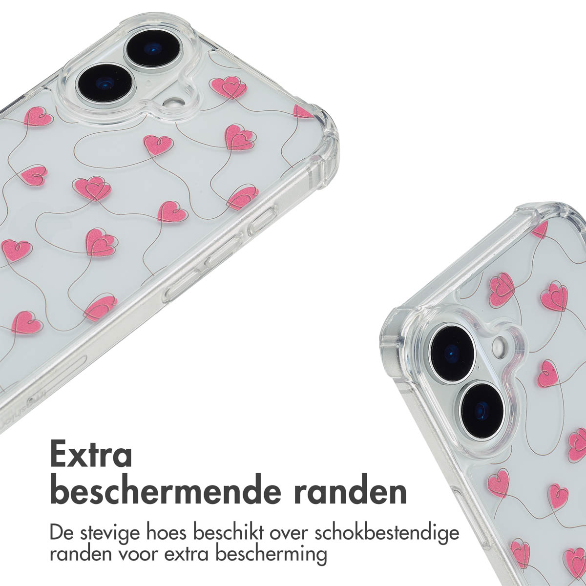 Vrouw met een telefoon met een hartjeshoesje en een rode lanyard.