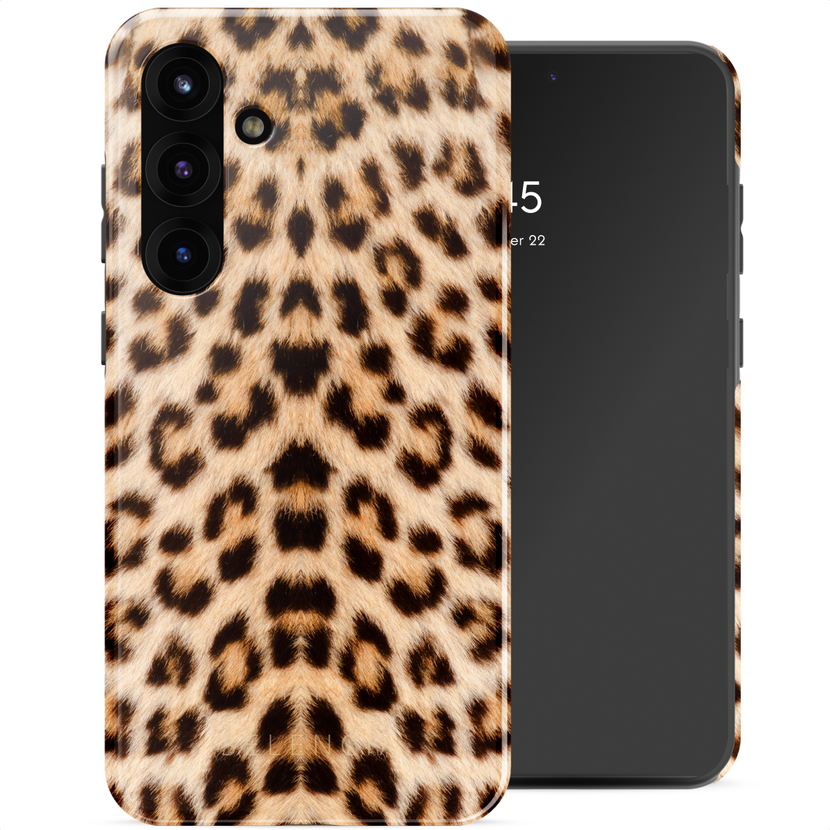 Telefoonhoesje met luipaardprint. Telefoonscherm toont tijd: 10:45 en datum: 22 oktober.