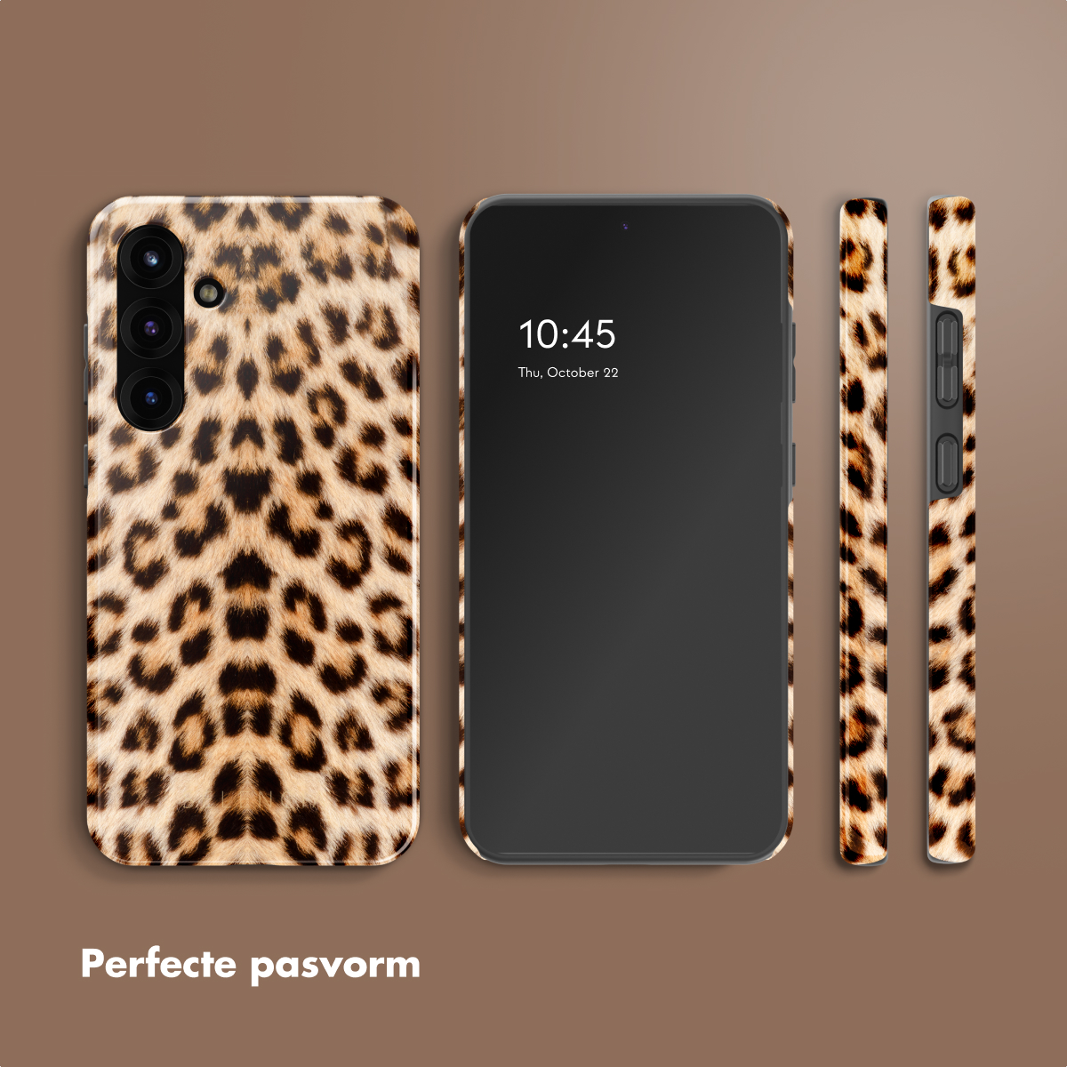 Telefoonhoesje met luipaardprint. Drie delen: hoesje, telefoon en zijkanten. Bruine achtergrond.