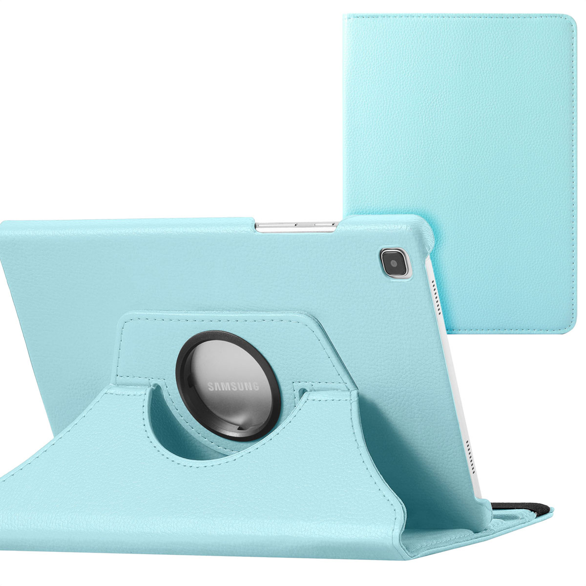 Blauwe tablethoes met standaard, Samsung-logo zichtbaar. Lichte achtergrond.