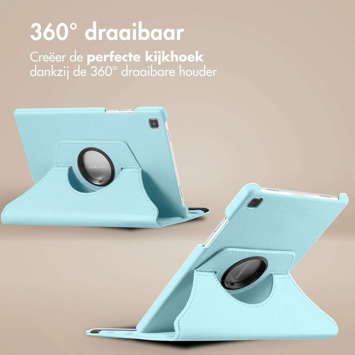 Blauwe tablethoes op een beige oppervlak. De hoes heeft een draaibare standaard en een Samsung-logo.