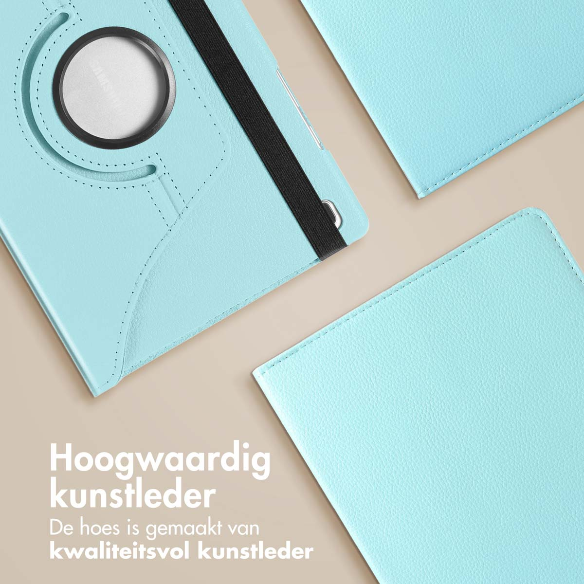 Close-up van een blauwe tablethoes met tekst over hoogwaardig kunstleer. Lichte achtergrond.