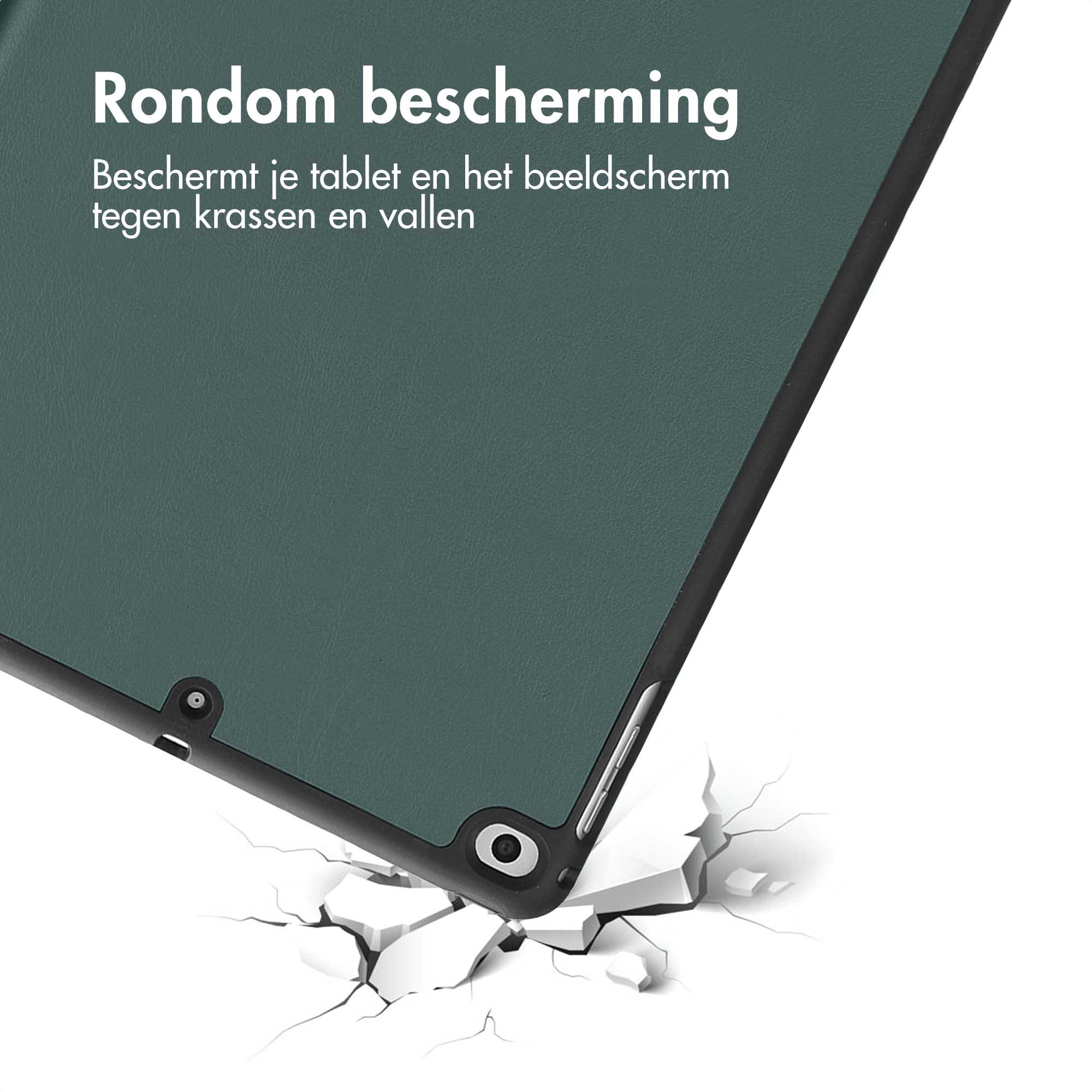 Dark green tablet case corner. Case is dropping and cracking the surface below. White background.