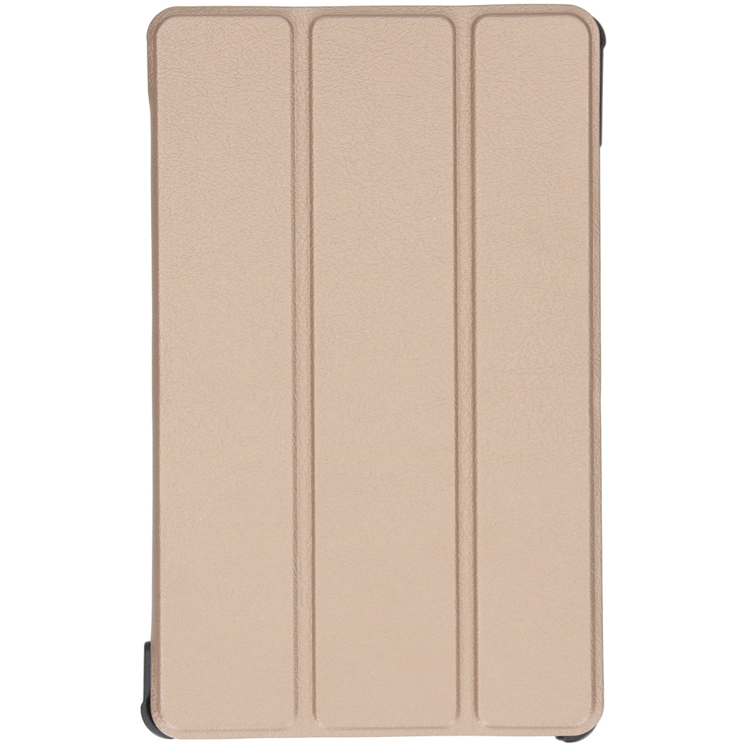 Beige tablet case, closed with three panels. Texture visible.