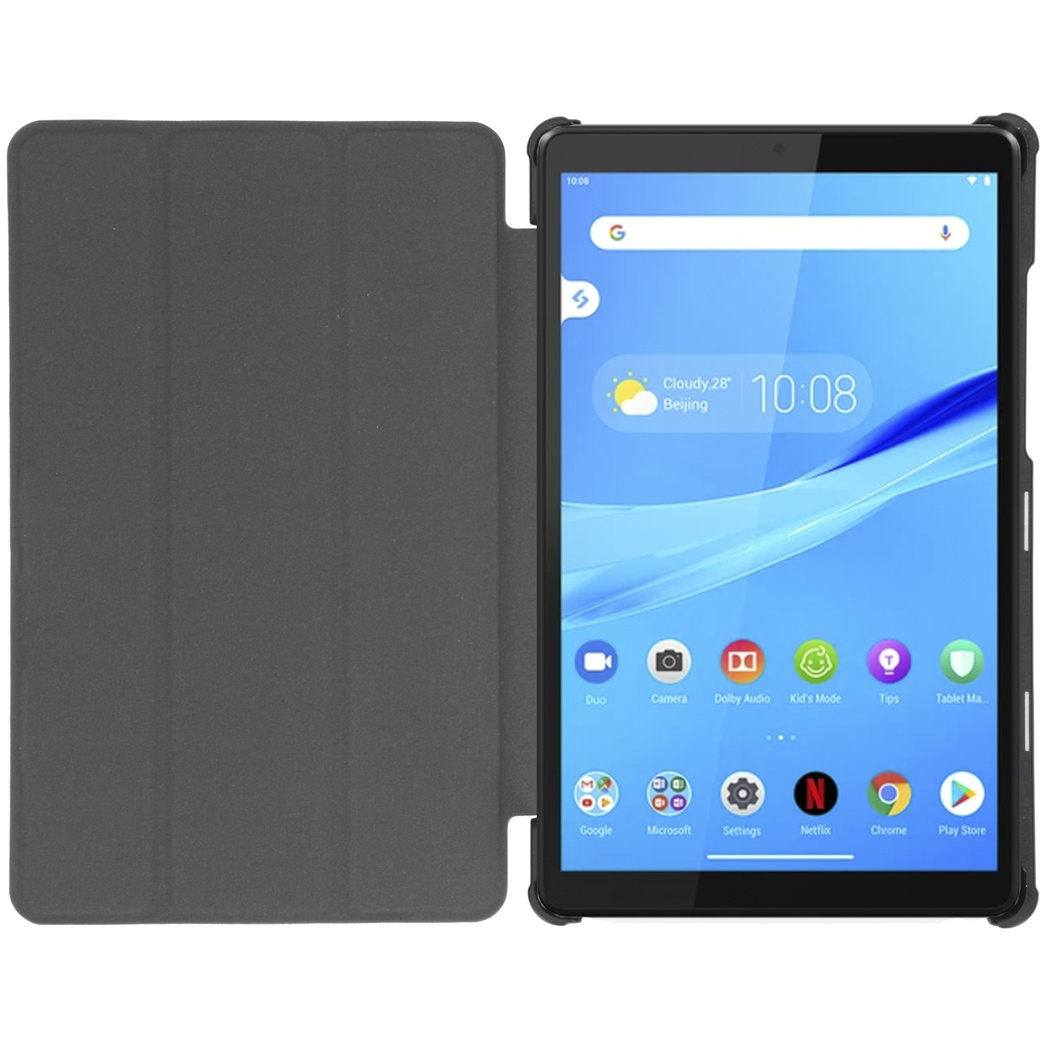 Black tablet with the cover open. The screen displays time, weather, and app icons.