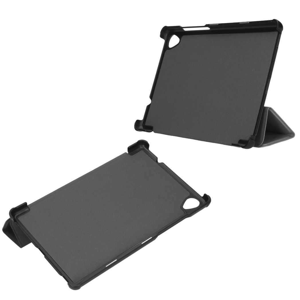Gray tablet case, open and angled. Black edges and stand visible.