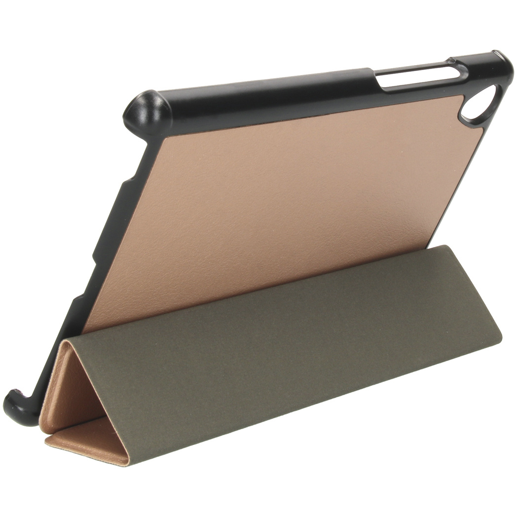 Tablet in a stand. The back is gold, and the stand is green. Black frame.