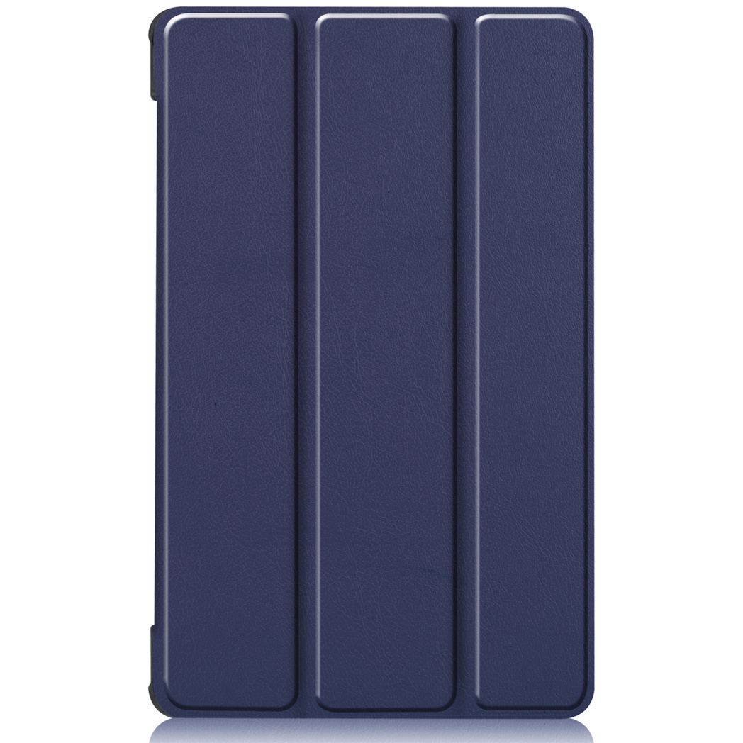 Closed navy blue tablet case. Case has a textured, leather-like appearance.