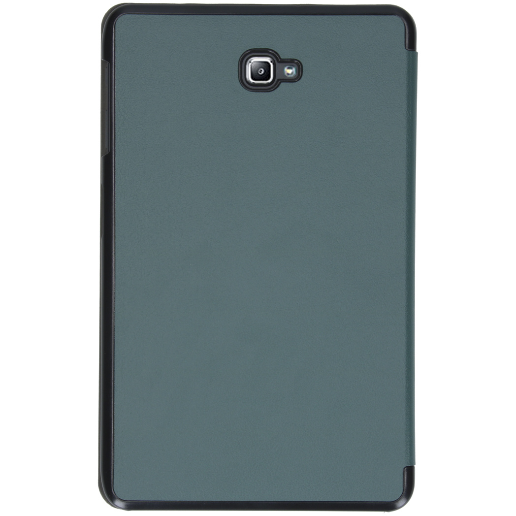 Tablette dans un étui vert. La caméra est visible. L'étui est fermé.