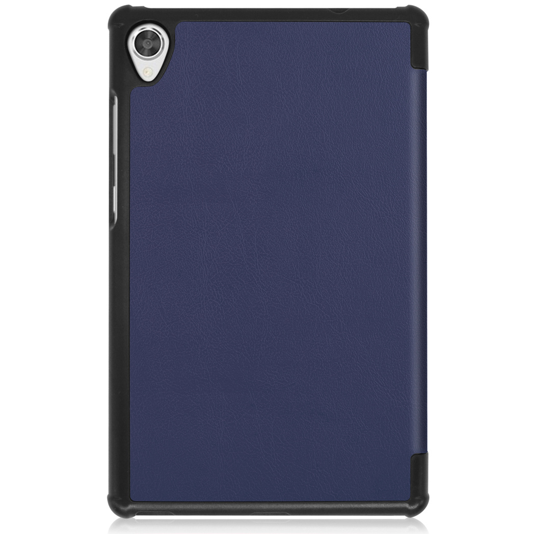 Tablet in a dark blue case, back view, on a white background.