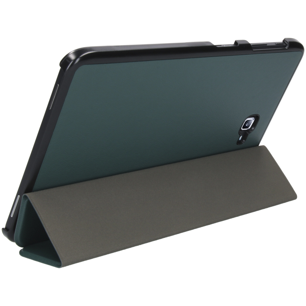 Tablette sur un support. L'arrière de la tablette est vert et le support gris.