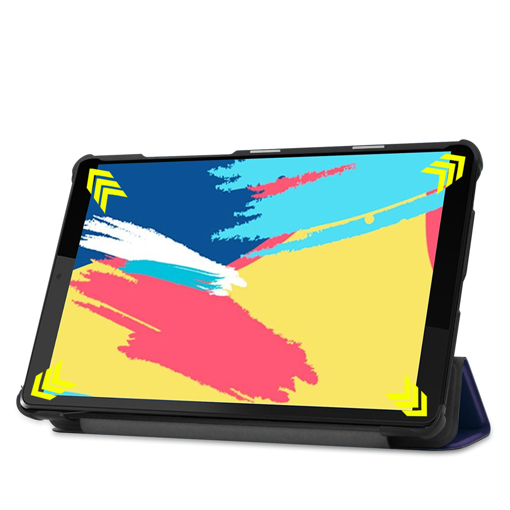 Tablet with abstract art on the screen. The case is black, and the cover is open.