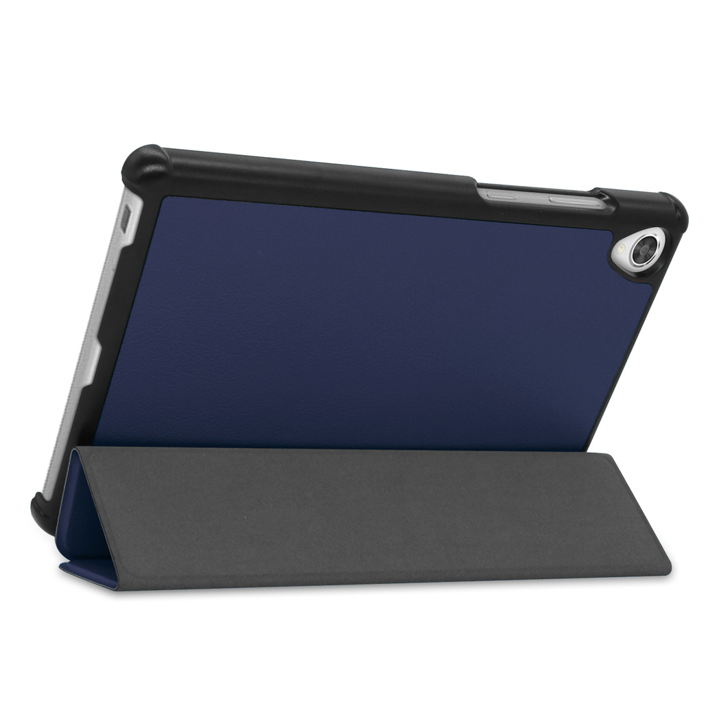Tablet in a dark blue case with a gray stand on white background.
