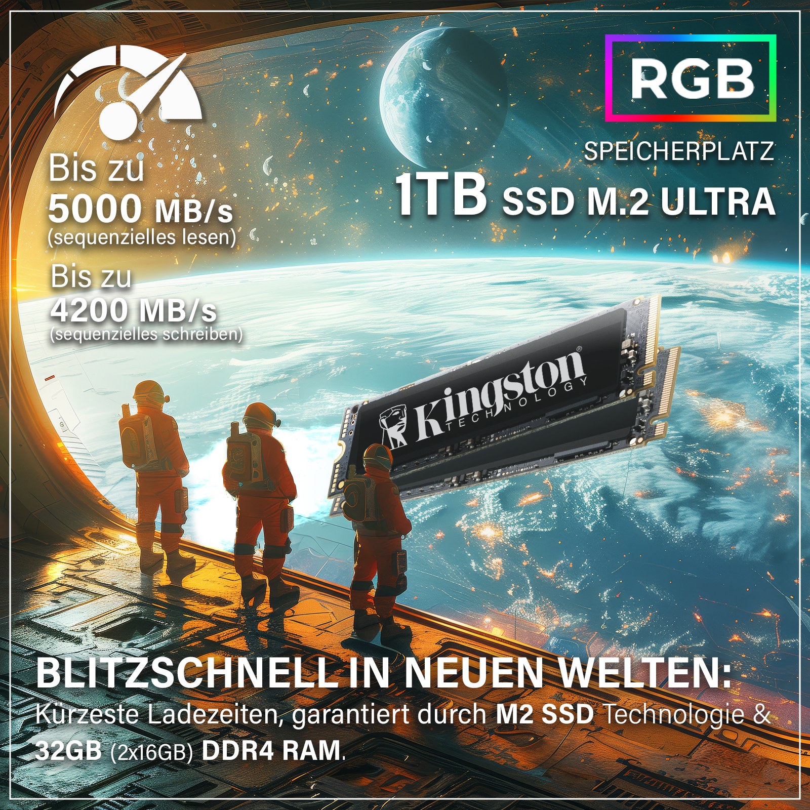 Astronauci w kosmosie, dysk SSD Kingston i tekst: 1 TB SSD M.2 ULTRA, szybkie ładowanie i pamięć RAM DDR4.