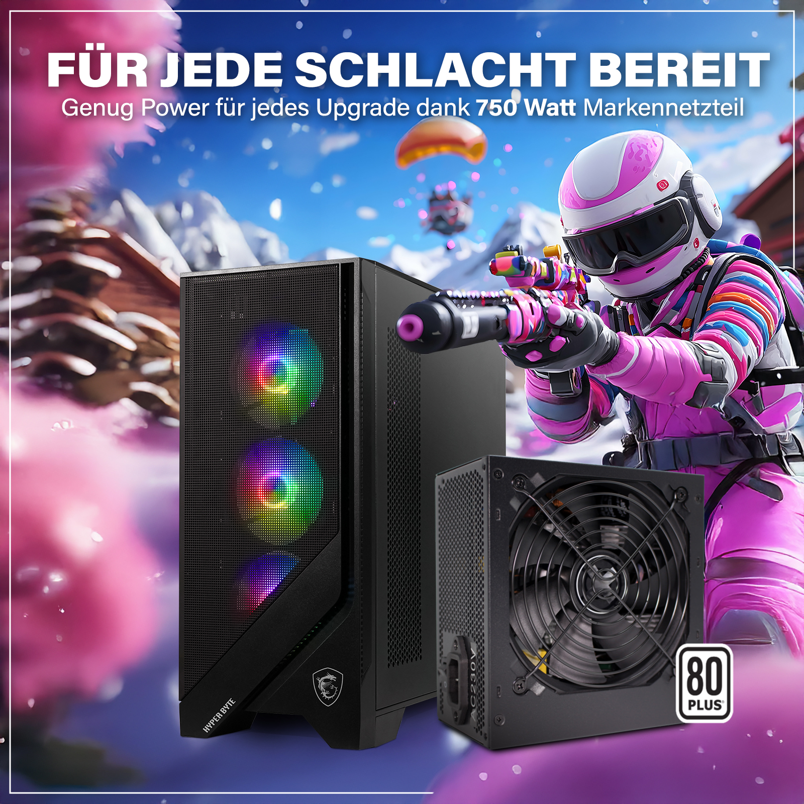 Komputer do gier z zasilaczem i gracz w różowym stroju.