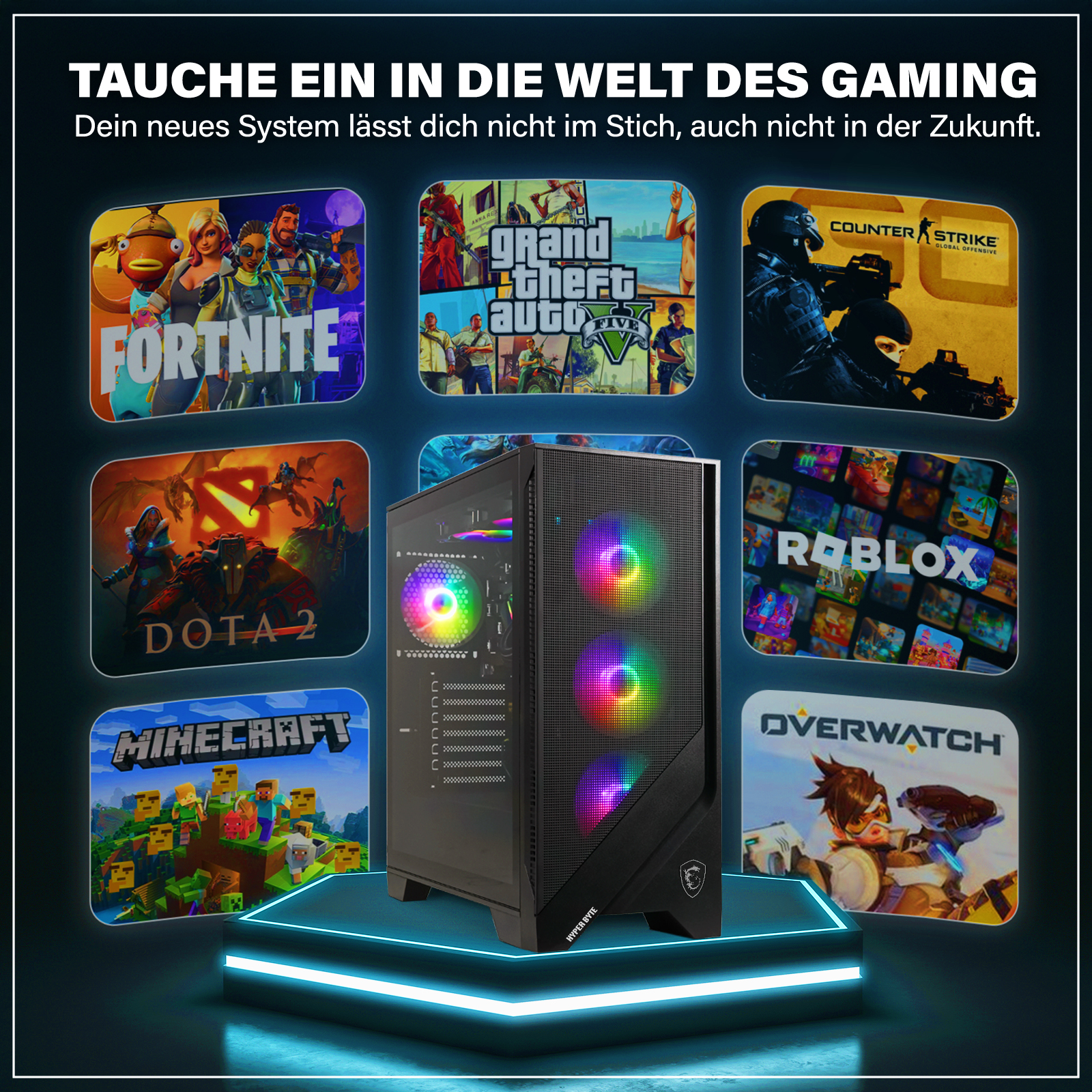 Komputer do gier z ikonami gier: Fortnite, GTA V, Counter-Strike, Dota 2, Minecraft, Roblox i Overwatch.