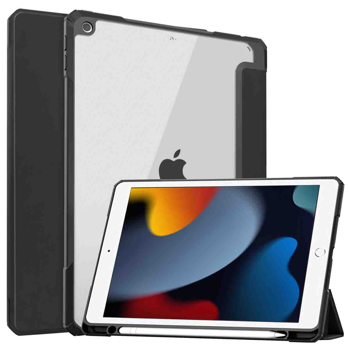 Two iPads in cases. One open with screen, one closed. Black and clear cases, white background.