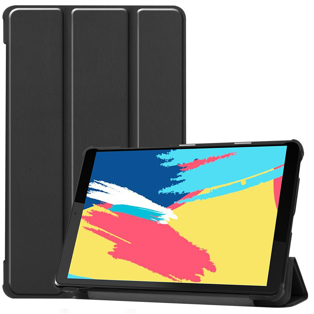 A black tablet case, with a tablet inside, and the cover up.
