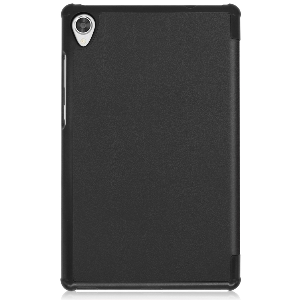 Black tablet case, closed and standing. The case is plain with a camera and button visible.
