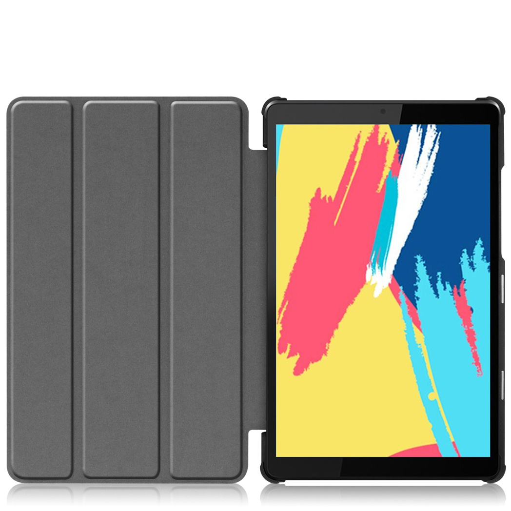 Tablet with a gray cover, open to reveal a screen with colorful paint strokes on a yellow background.
