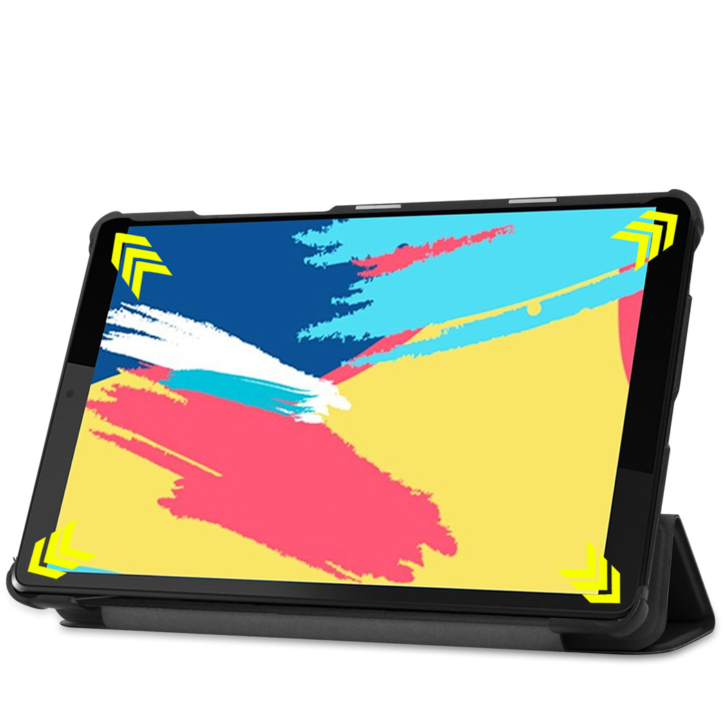 Tablet with a black case, screen displays colorful abstract art. Yellow arrows are on each corner.