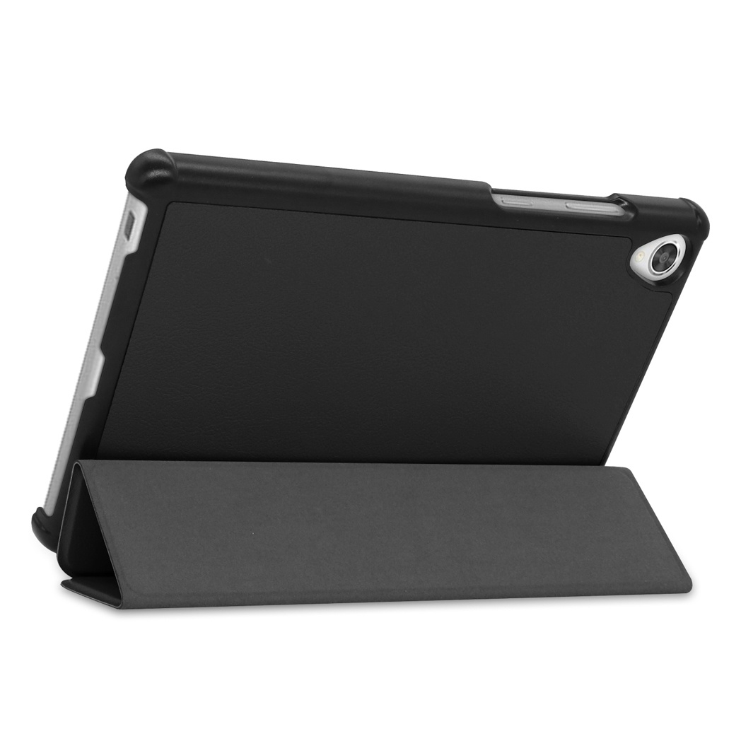 Black tablet in a stand case. The tablet is angled. The back of the tablet is visible.
