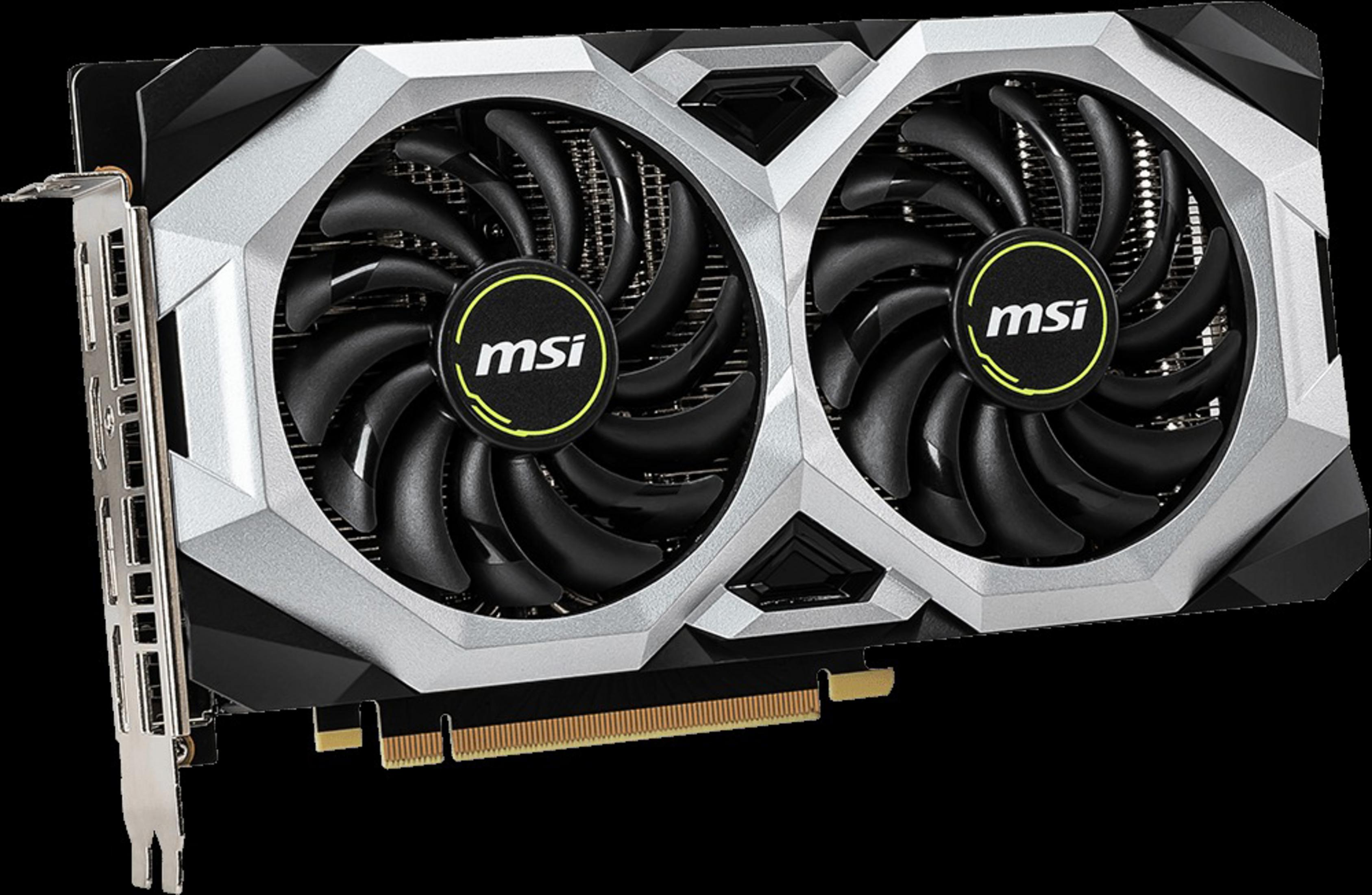 Grafikkarte mit zwei Lüftern, MSI-Logo. Der Hintergrund ist schwarz.