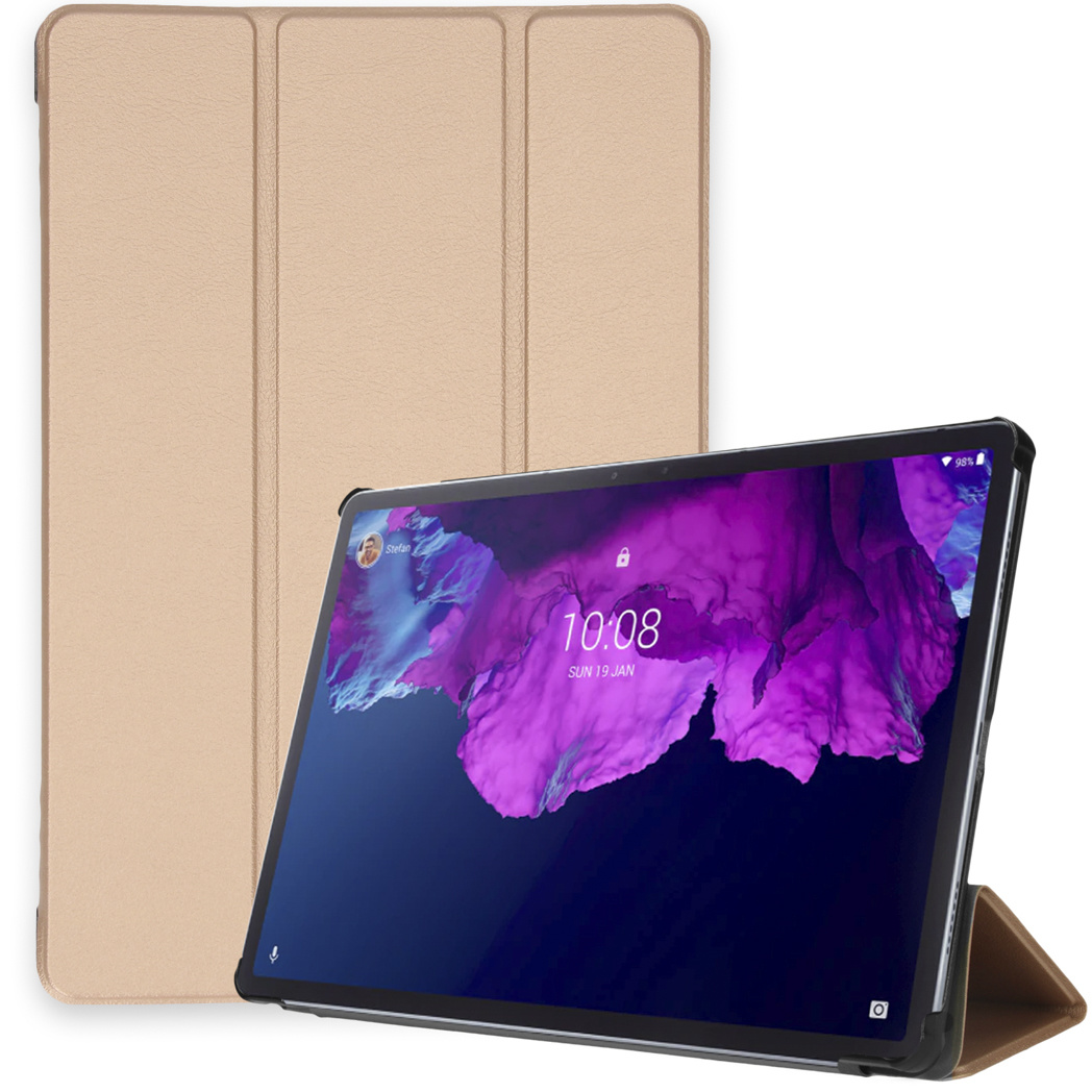 Tablet with a beige cover open, showing the screen displaying the time, and a lock icon.