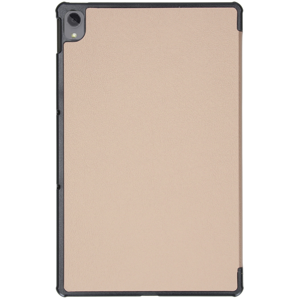 A beige tablet cover with a black frame.