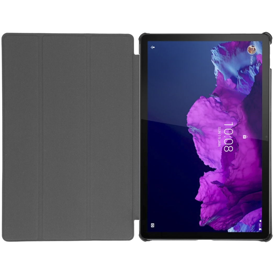 Tablet with a gray cover, open to reveal the screen. The screen displays the time, and a lock icon.