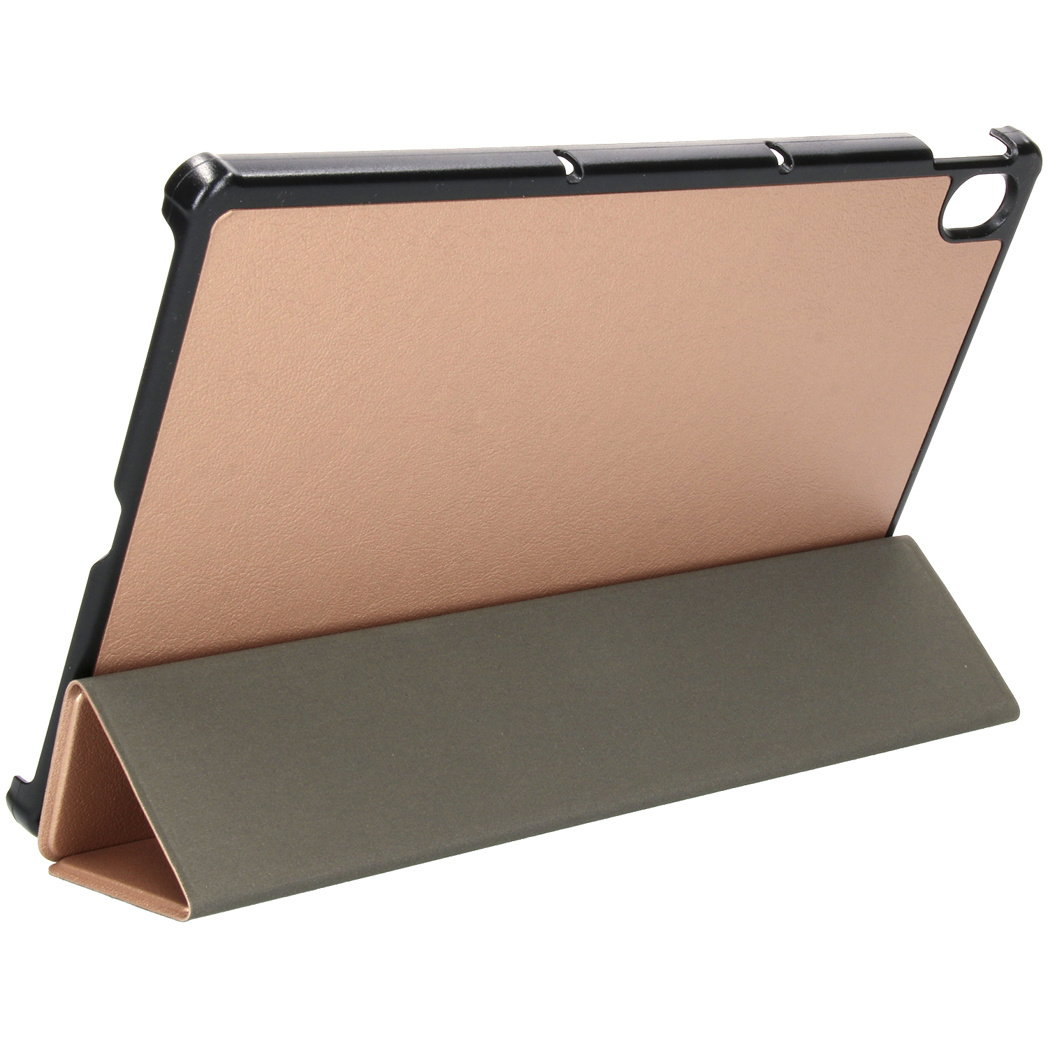 Tablet in a case, propped up in a stand. The case is a dark brown with a copper interior.