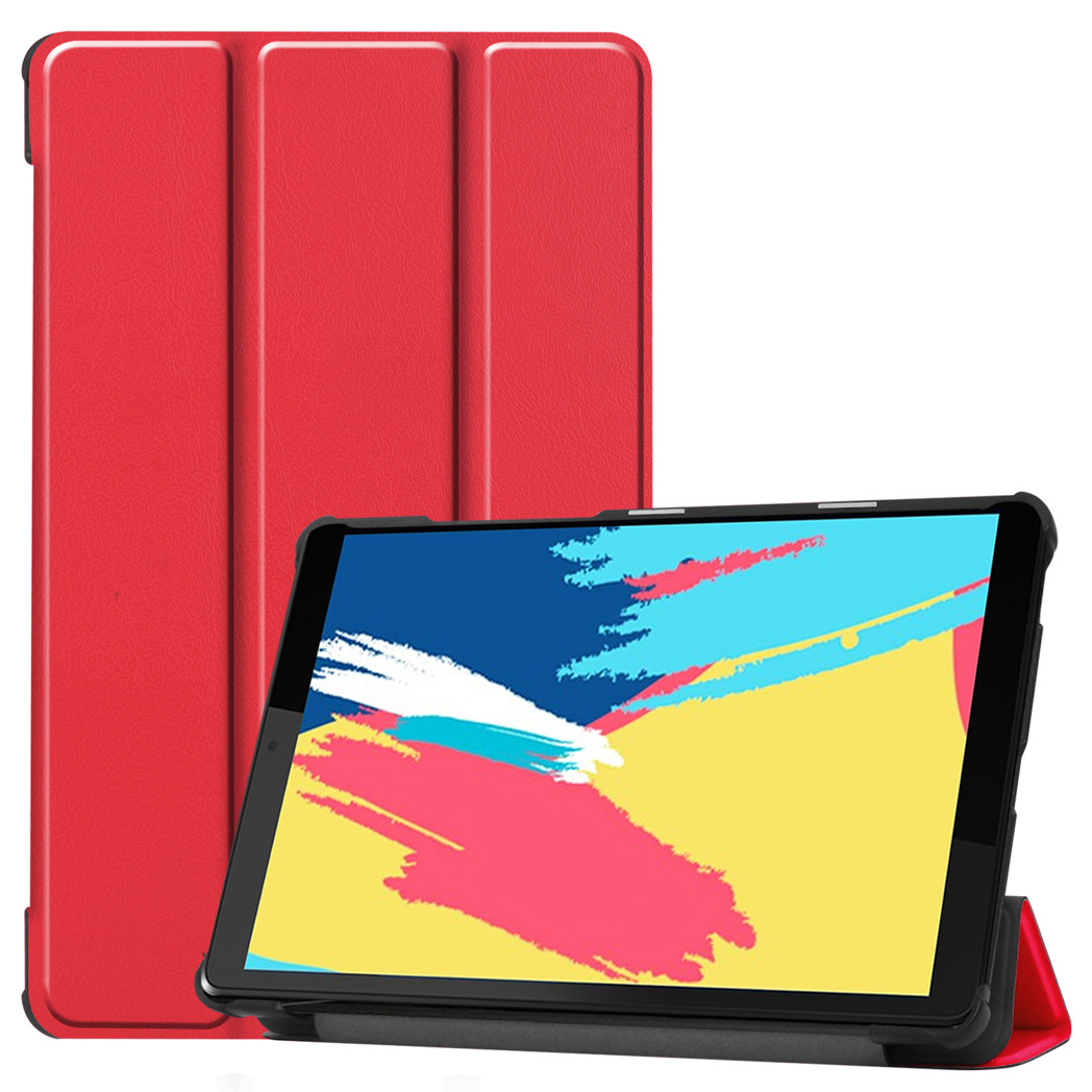Red tablet case open, tablet inside showing colorful abstract art, white background.