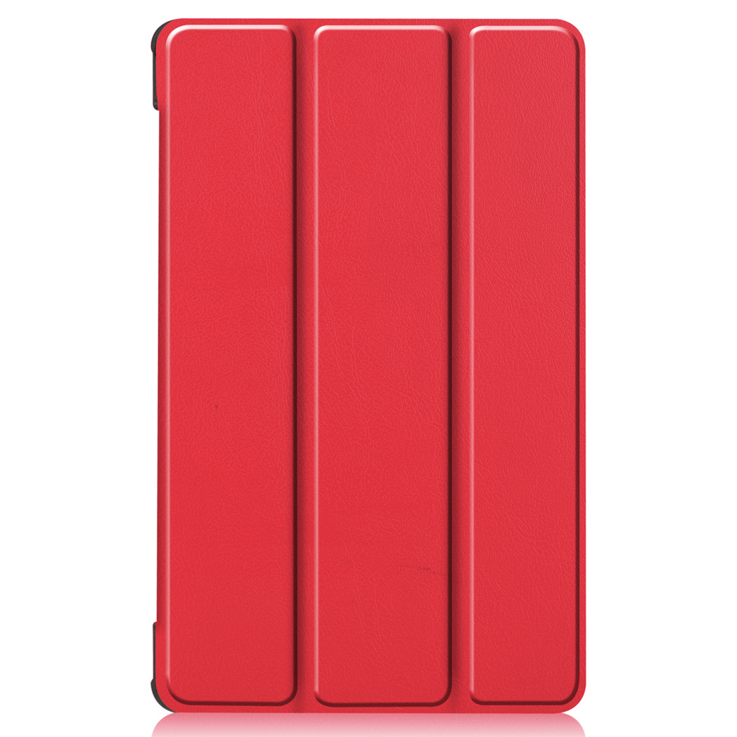 Red tablet cover, closed, with three vertical panels.