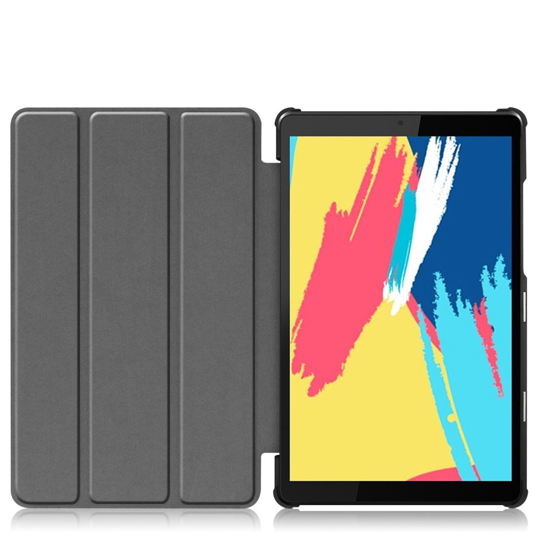 Tablet open, showing a screen with colorful abstract art. The case is gray.