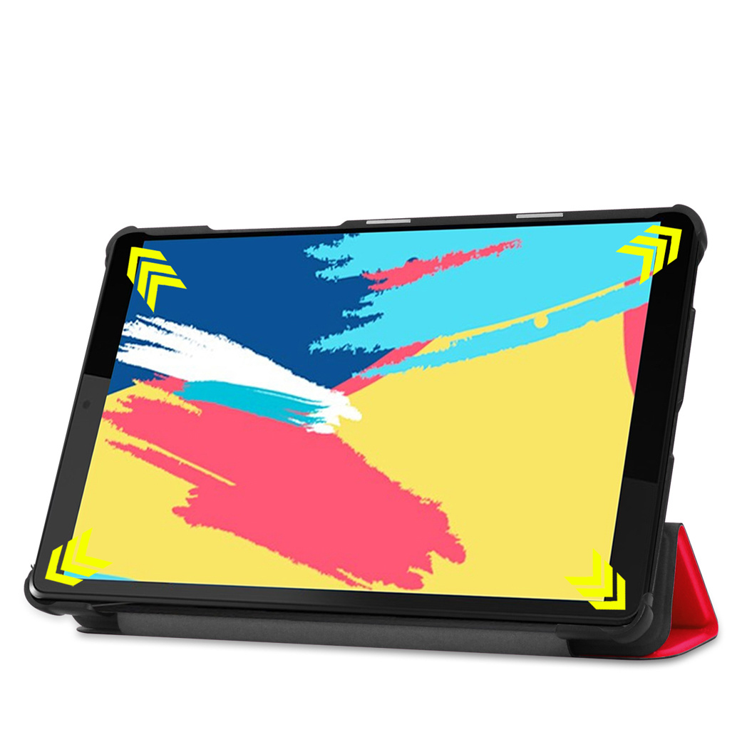 Tablet with a black and red case, displaying colorful abstract art. Yellow arrows are in each corner.
