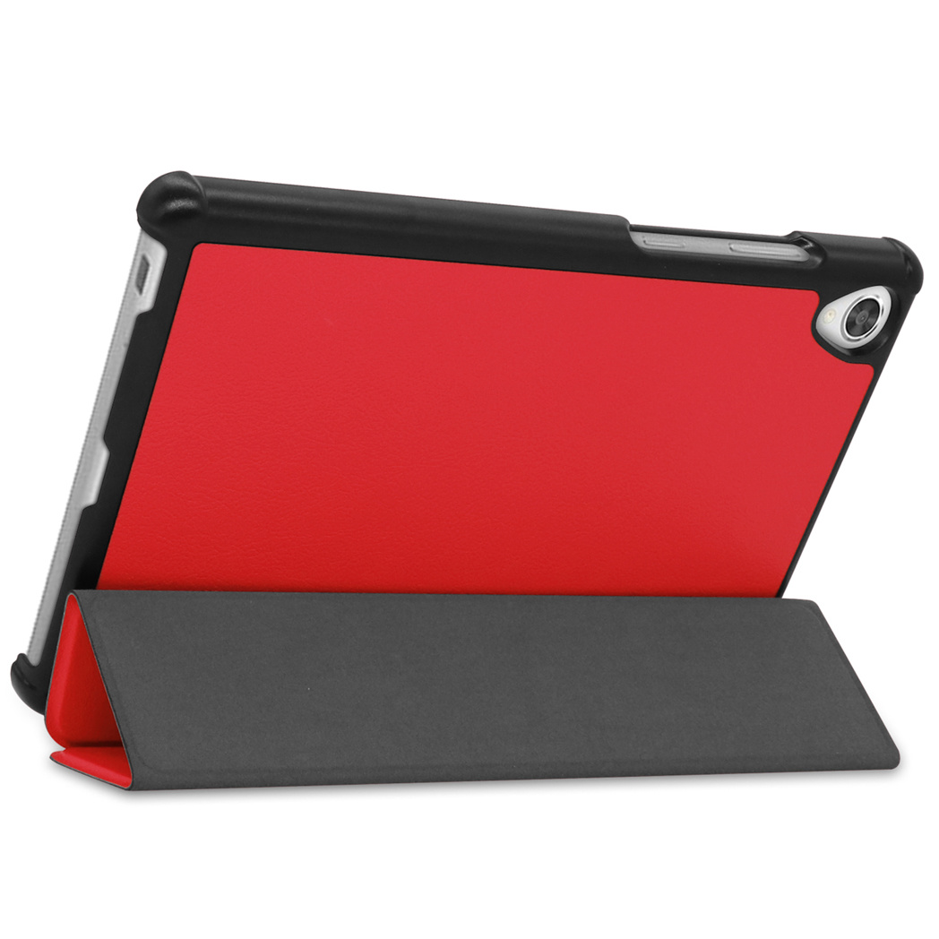 Tablet with a red and black case, open. The back is red and the front display is black.