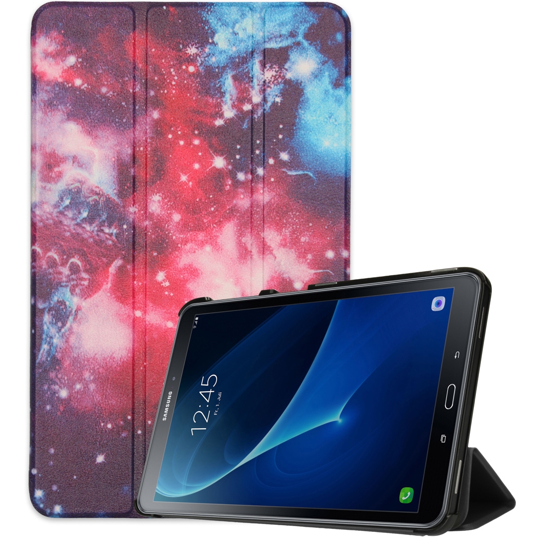 Tablet inside a case with a galaxy pattern. The tablet shows a blue screen.
